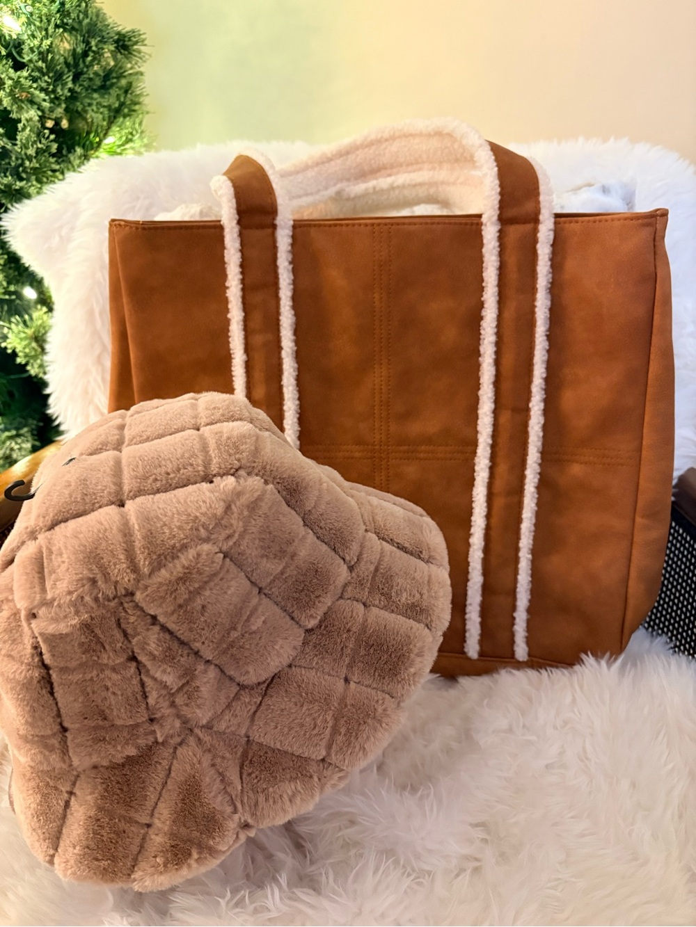 NWOT both, Cozy Tan Faux-Suede Tote with Cream Shearling Trim, and bucket hat